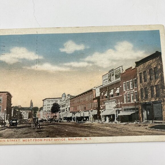 Vintage Malone NY Postcard Main Street west from Post Office‎ Posted 1920 - Picture 3 of 11